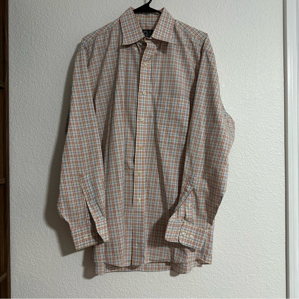 JOS Aā BANK Long Sleeve Button Up Mens M Plaid StripedShirt Travelers Collection